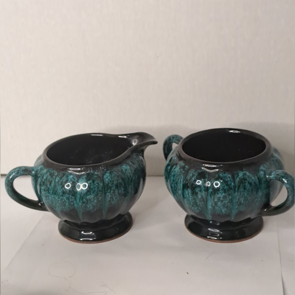Evangeline Pottery Creamer and Sugar Bowl Green Black Made in Canada.